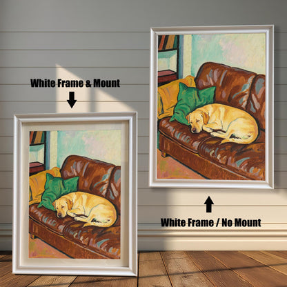 Comparison of two white-framed prints: one with a white mount (mat) and one without, both featuring the oil painting of the sleeping yellow Labrador.