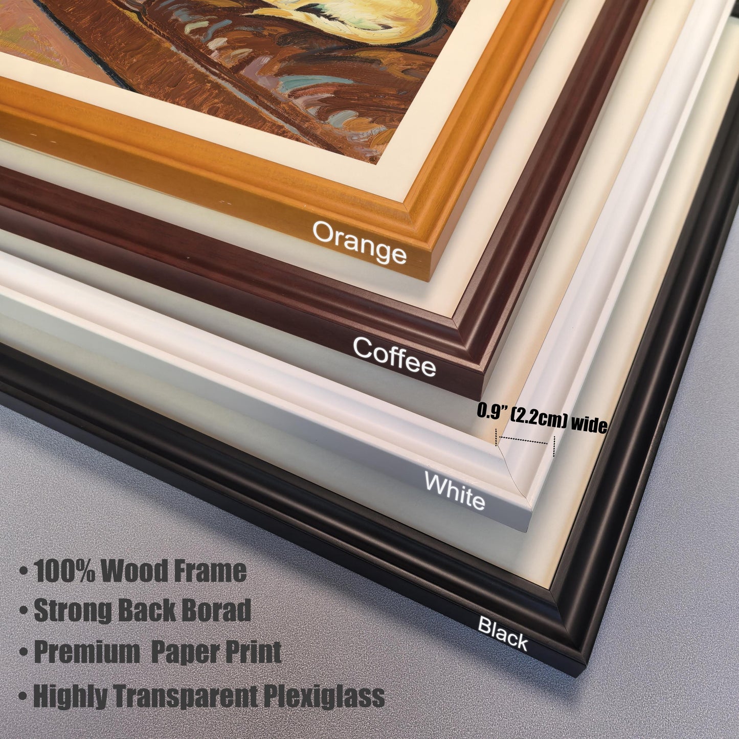 A close-up of four frame corners (Orange, Coffee, White, Black), showing the 0.9" (2.2cm) width and listing features like 100% Wood Frame and Highly Transparent Plexiglass.