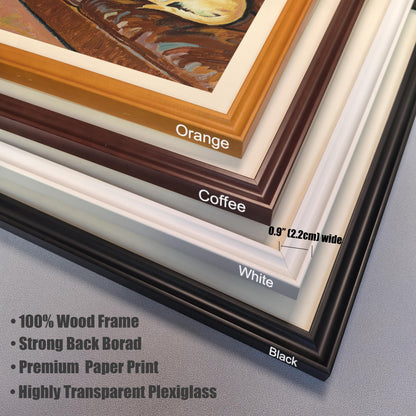 A close-up of four frame corners (Orange, Coffee, White, Black), showing the 0.9" (2.2cm) width and listing features like 100% Wood Frame and Highly Transparent Plexiglass.