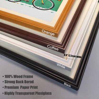 A close-up view of four frame corners: Orange, Coffee, White, and Black, with text noting the 0.9" (2.2cm) width, wood material, plexiglass, and backboard.