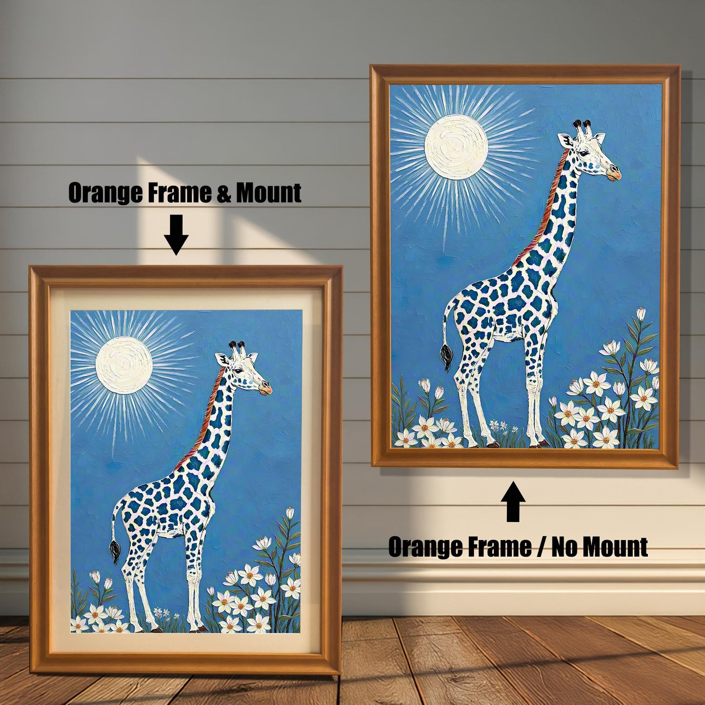 A side-by-side comparison of a framed giraffe art print: one with an orange/brown frame and mount (mat), and one with the orange/brown frame and no mount.