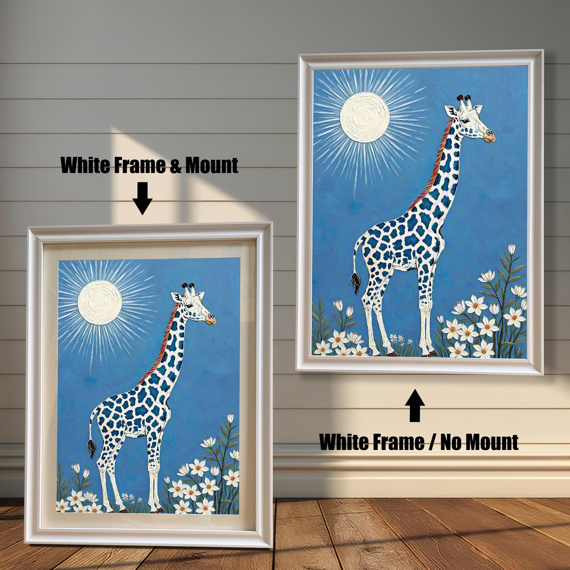 A side-by-side comparison of a framed giraffe art print: one with a white frame and mount (mat), and one with a white frame and no mount.