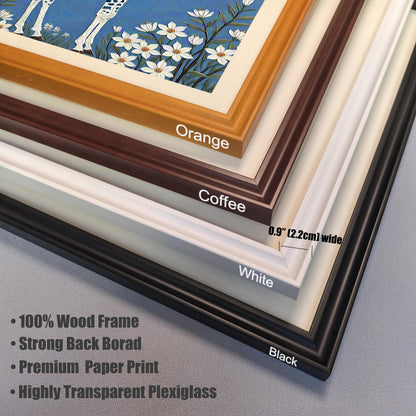 A close-up view of four stacked frame corners: Orange, Coffee, White, and Black, highlighting the 0.9" (2.2cm) width, wood frame, plexiglass, and backboard.