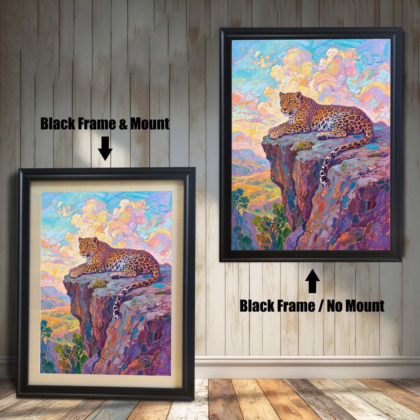 A side-by-side comparison of a framed leopard print: one with a black frame and mount (mat), and one with a black frame and no mount.