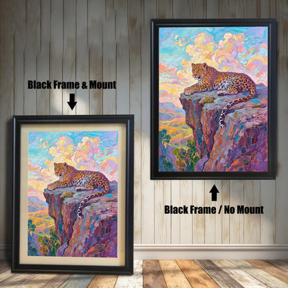 A side-by-side comparison of a framed leopard print: one with a black frame and mount (mat), and one with a black frame and no mount.