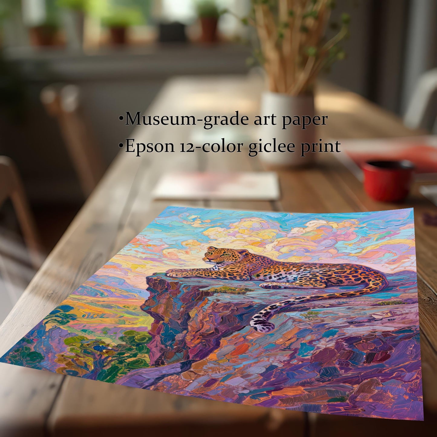 Close-up of an unframed impressionistic leopard on a cliff print, highlighting "Museum-grade art paper" and "Epson 12-color giclee print" features.