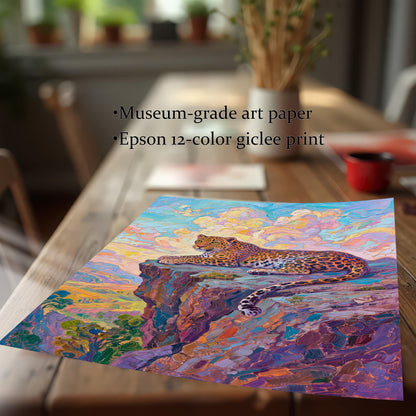 Close-up of an unframed impressionistic leopard on a cliff print, highlighting "Museum-grade art paper" and "Epson 12-color giclee print" features.