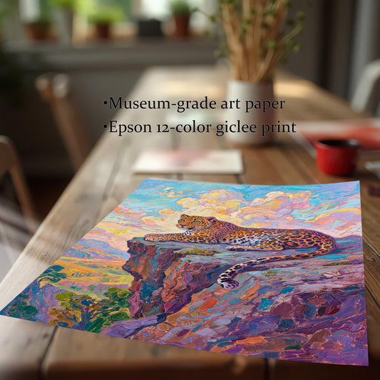 Close-up of an unframed impressionistic leopard on a cliff print, highlighting "Museum-grade art paper" and "Epson 12-color giclee print" features.