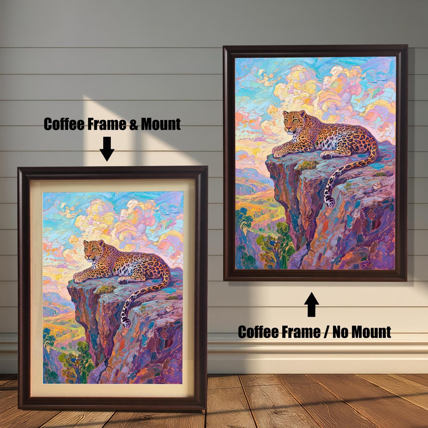 A side-by-side comparison of a framed leopard print: one with a coffee (dark brown) frame and mount (mat), and one with the coffee frame and no mount.