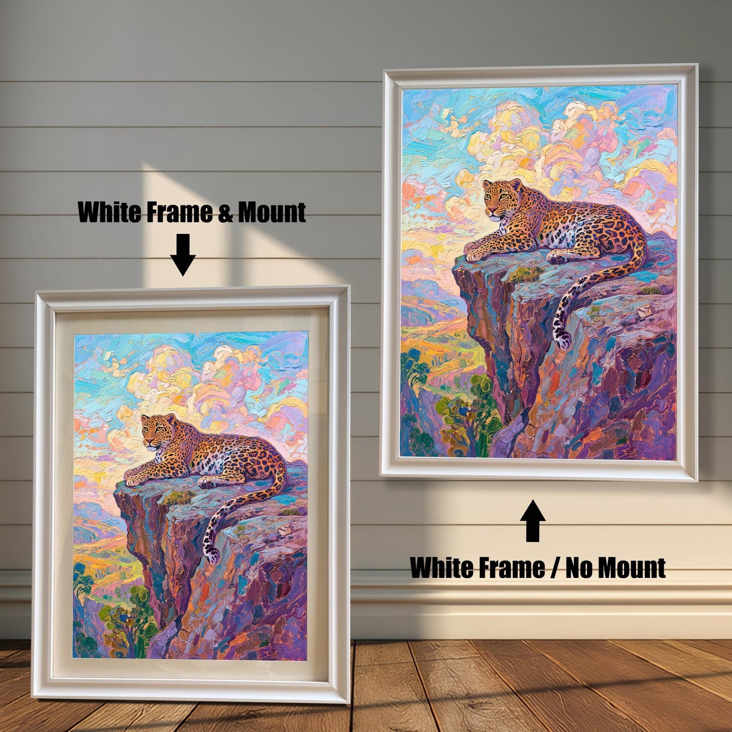 A side-by-side comparison of a framed leopard print: one with a white frame and mount (mat), and one with a white frame and no mount.
