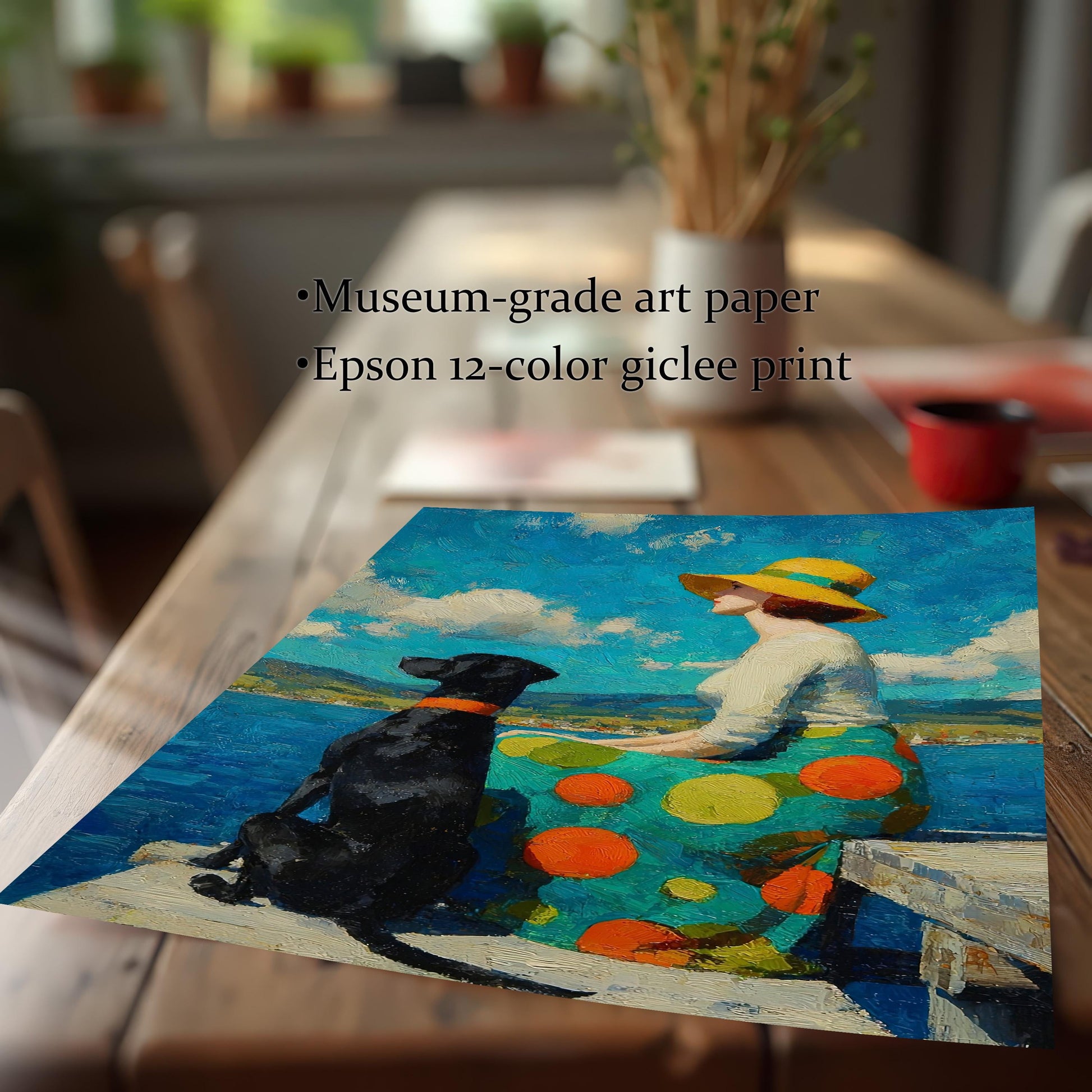 A print of the painting on a wooden table, with text describing it as "Museum-grade art paper" and "Epson 12-color giclee print.“