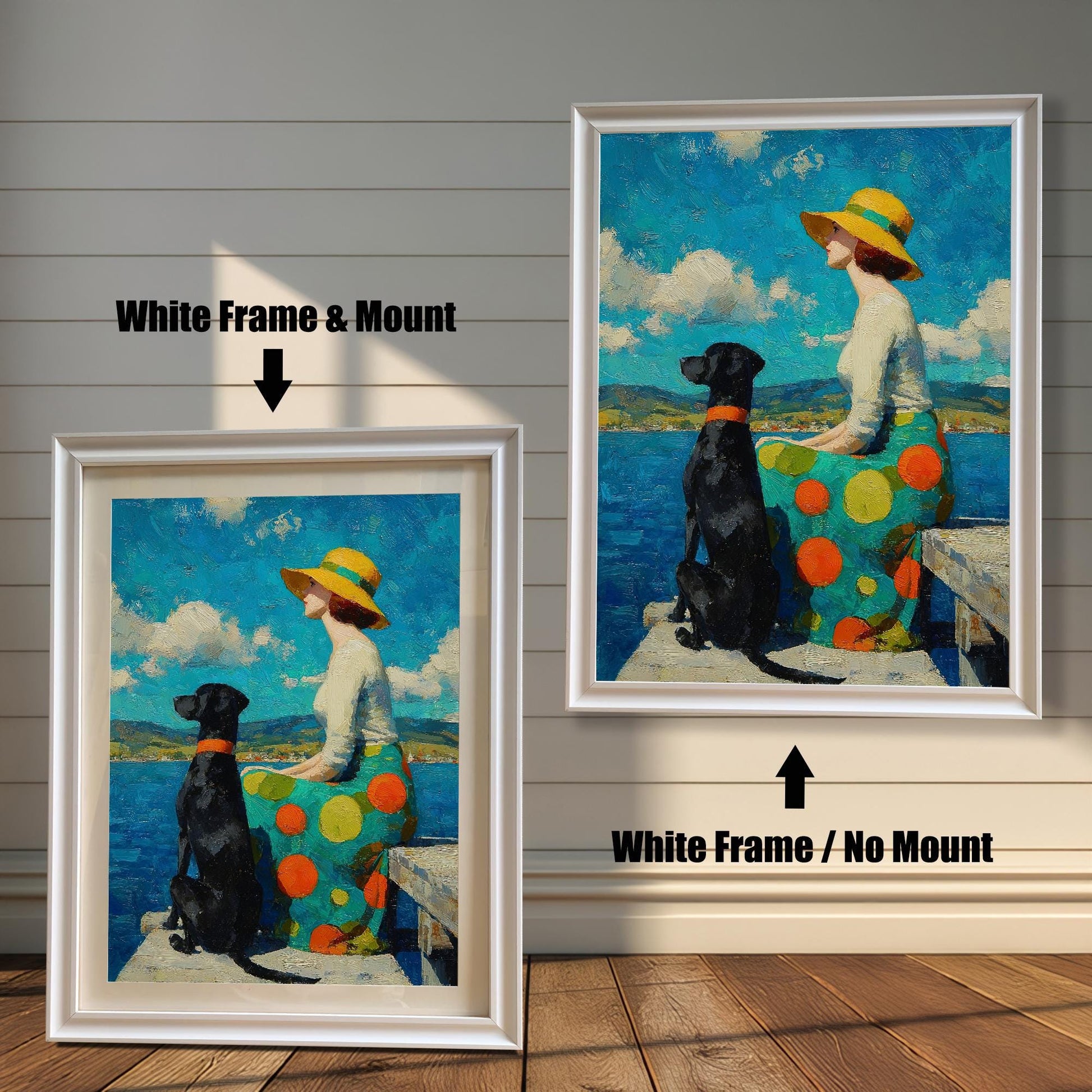 Two versions of a framed painting of a woman and her dog: one with a white frame and a mount (mat), and one with a white frame and no mount.
