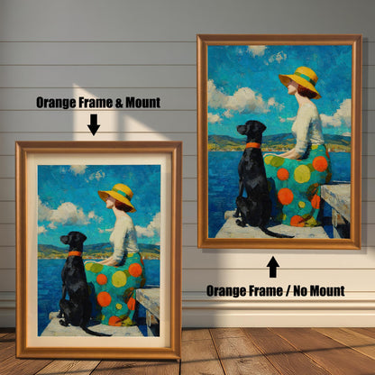 Two versions of a framed painting of a woman and her dog: one with an orange frame and a mount (mat), and one with an orange frame and no mount.