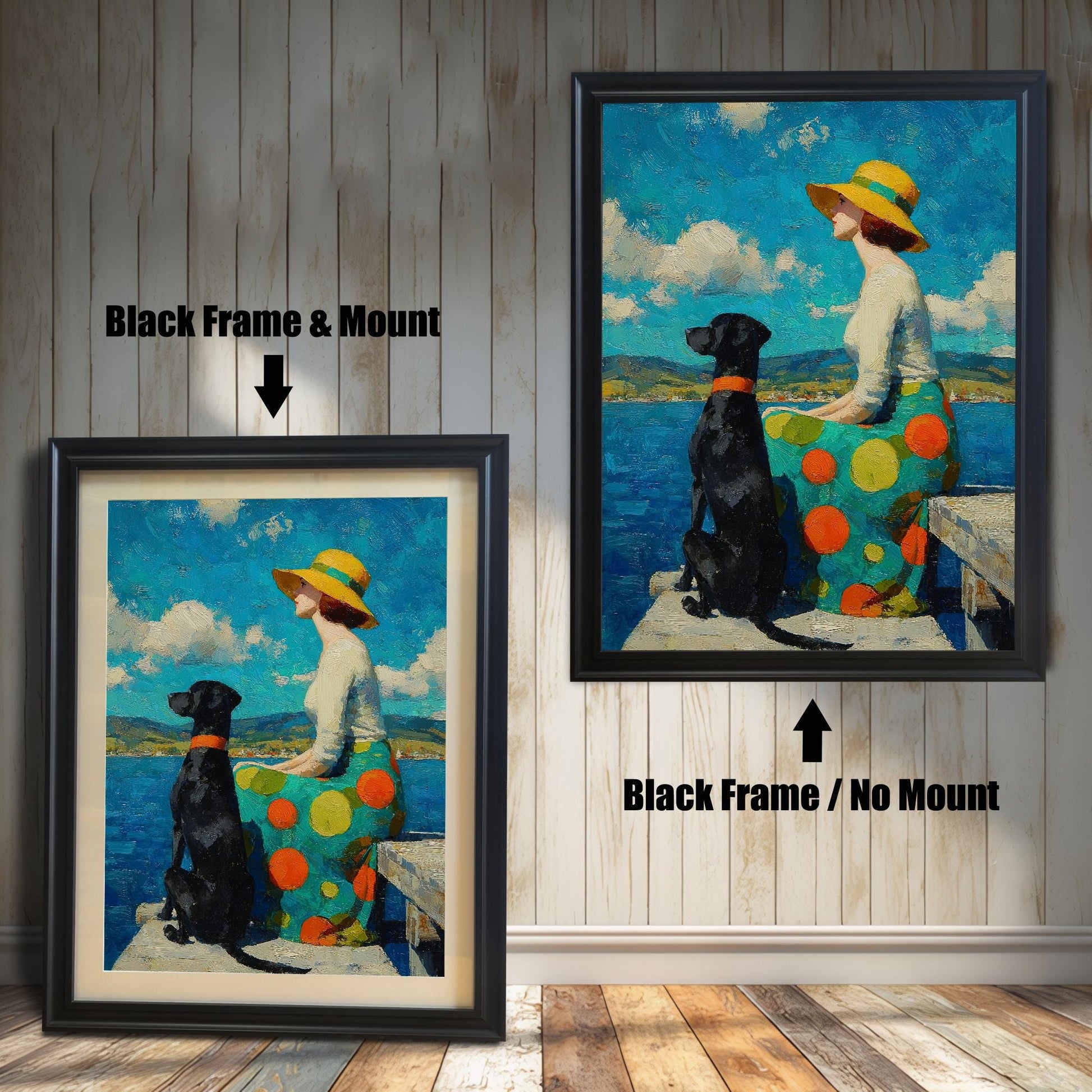 Two versions of a framed painting of a woman and her dog: one with a black frame and a mount (mat), and one with a black frame and no mount.