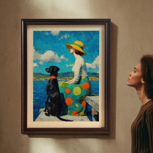 A woman in a striped shirt stands, looking up at a framed painting of a woman and her dog hanging on a beige wall.