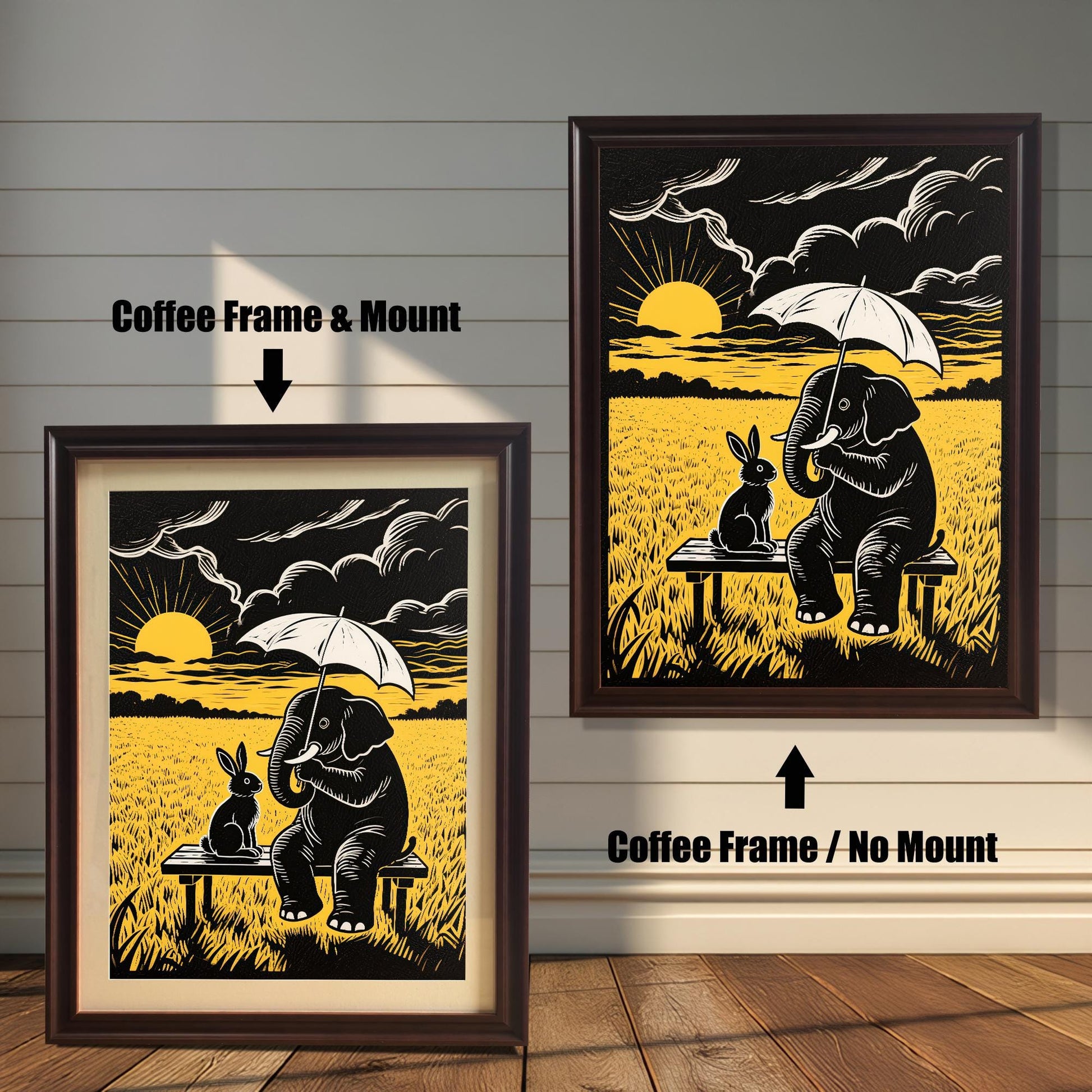 Two versions of a framed black and yellow print of an elephant and rabbit on a bench: one with a coffee frame and mount (mat), and one with a coffee frame and no mount.
