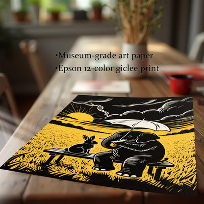 A close-up of the print on a wooden table with text describing it as "Museum-grade art paper" and "Epson 12-color giclee print."