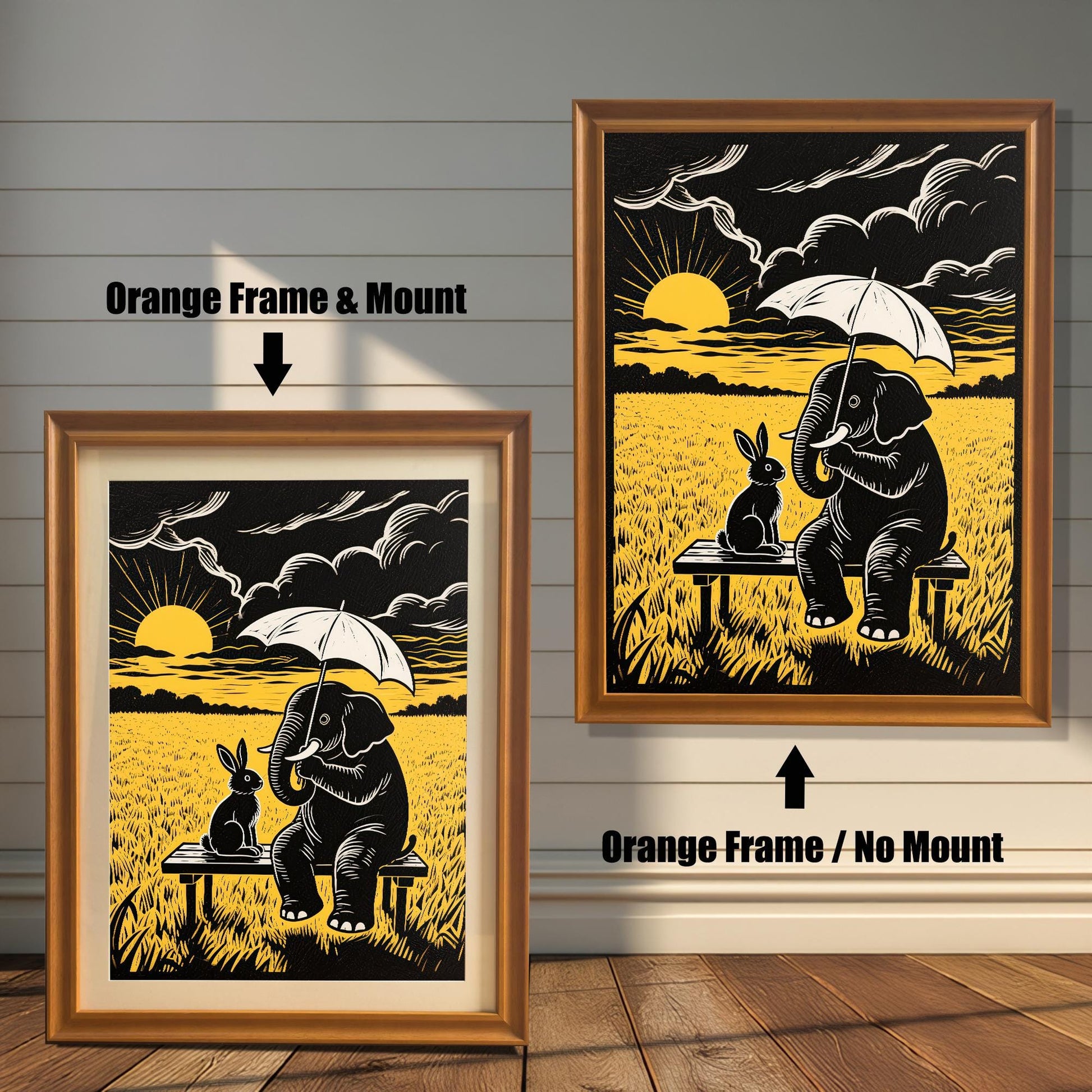 Two versions of a framed black and yellow print of an elephant and rabbit on a bench: one with an orange frame and mount (mat), and one with an orange frame and no mount.