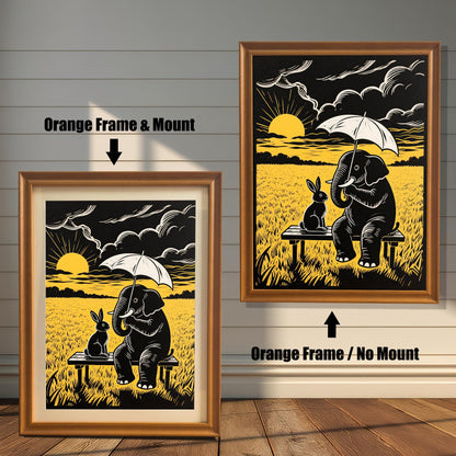 Two versions of a framed black and yellow print of an elephant and rabbit on a bench: one with an orange frame and mount (mat), and one with an orange frame and no mount.