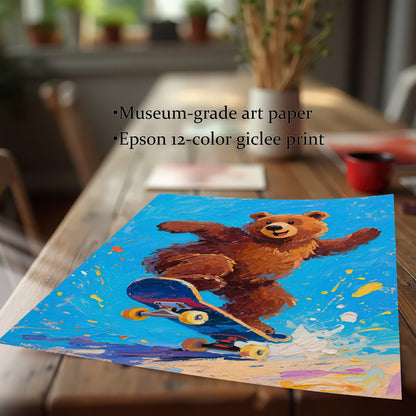 A close-up print of the bear skateboarding painting on a wooden table, with text describing it as "Museum-grade art paper" and "Epson 12-color giclee print."