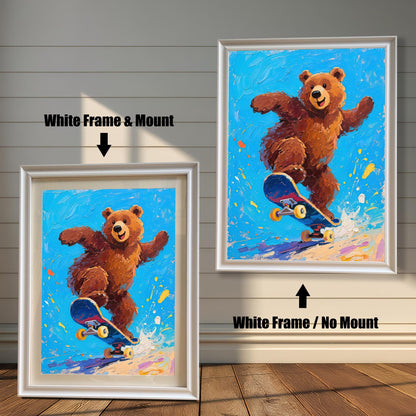 Two framed versions of a bear skateboarding painting: one with a white frame and a mount (mat), and one with a white frame and no mount.