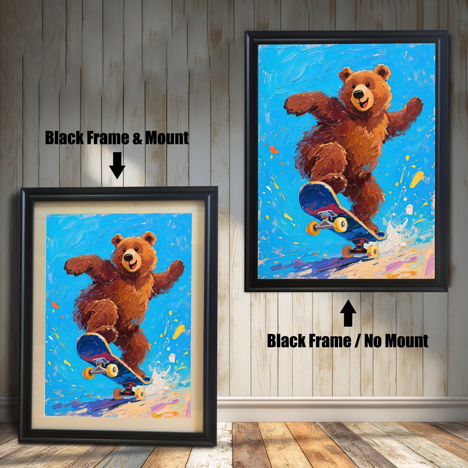 Two framed versions of a bear skateboarding painting: one with a black frame and a mount (mat), and one with a black frame and no mount.