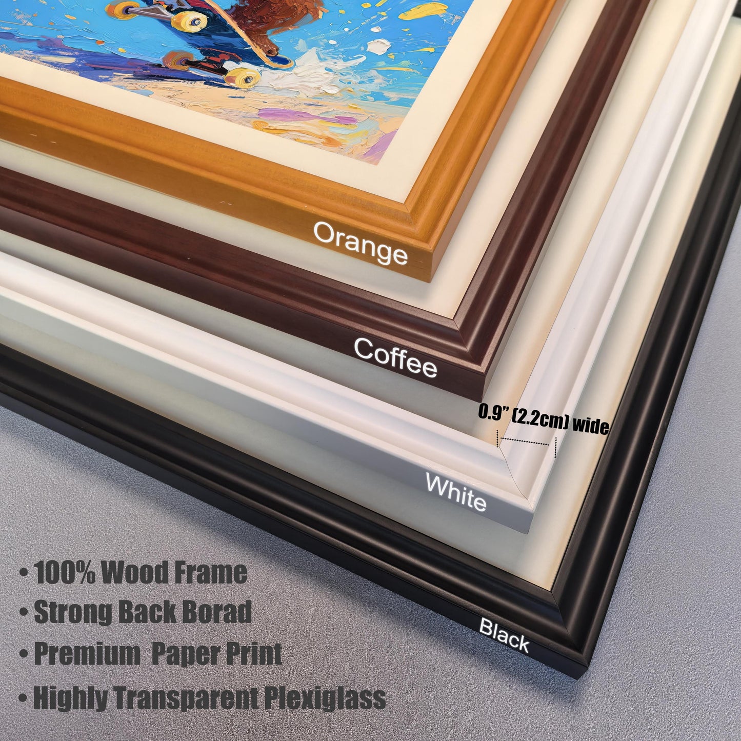 A close-up showing stacked frame corners in orange, coffee, white, and black, with frame dimensions and material features listed.
