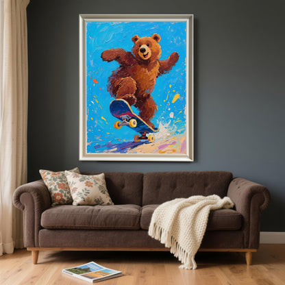 A large, silver-framed painting of a bear skateboarding, hanging on a dark gray wall above a brown velvet sofa.
