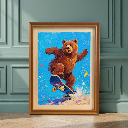An orange-framed painting of a bear skateboarding, leaning against a teal-colored paneled wall.