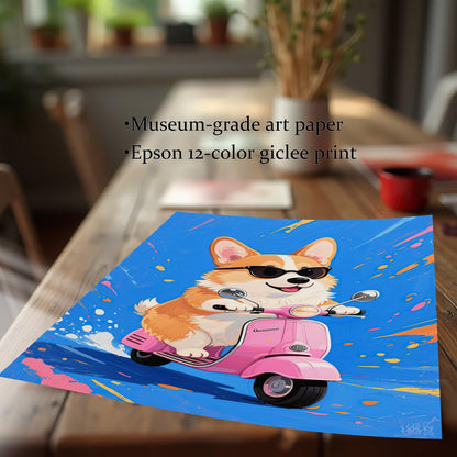 A close-up print of the corgi on a scooter art on a wooden table, with text describing it as "Museum-grade art paper" and "Epson 12-color giclee print."