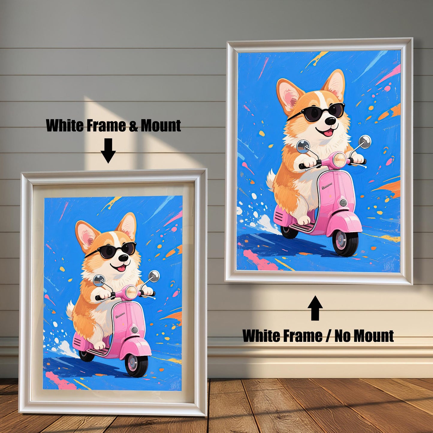 Two framed versions of the corgi on a scooter print: one with a white frame and a mount (mat), and one with a white frame and no mount.
