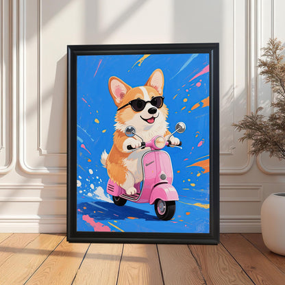 A black-framed print of a corgi wearing sunglasses and riding a pink scooter, leaning on a wooden floor against a white paneled wall.
