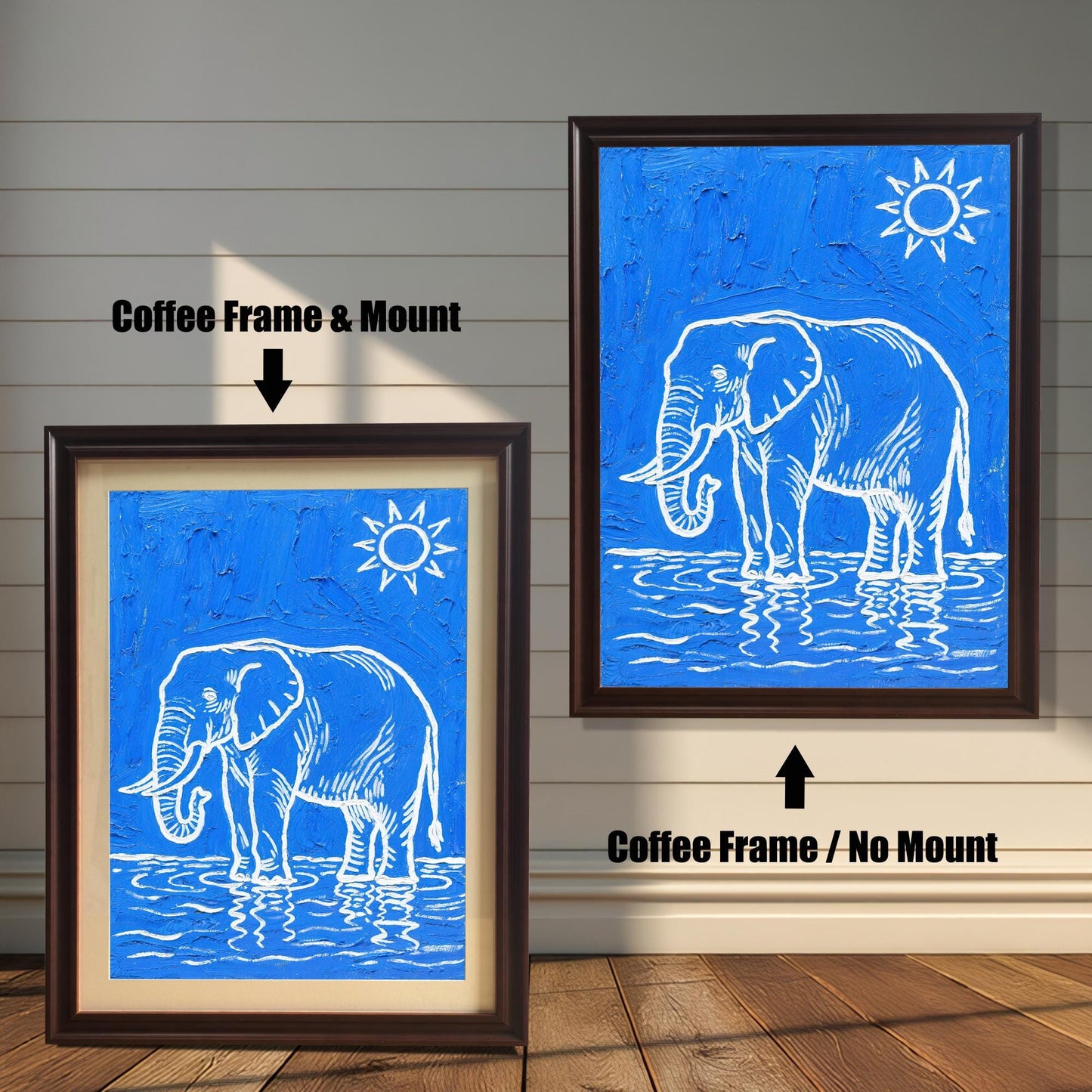 Two coffee-framed prints of the elephant. One has a mat ("Mount"), the other does not ("No Mount").