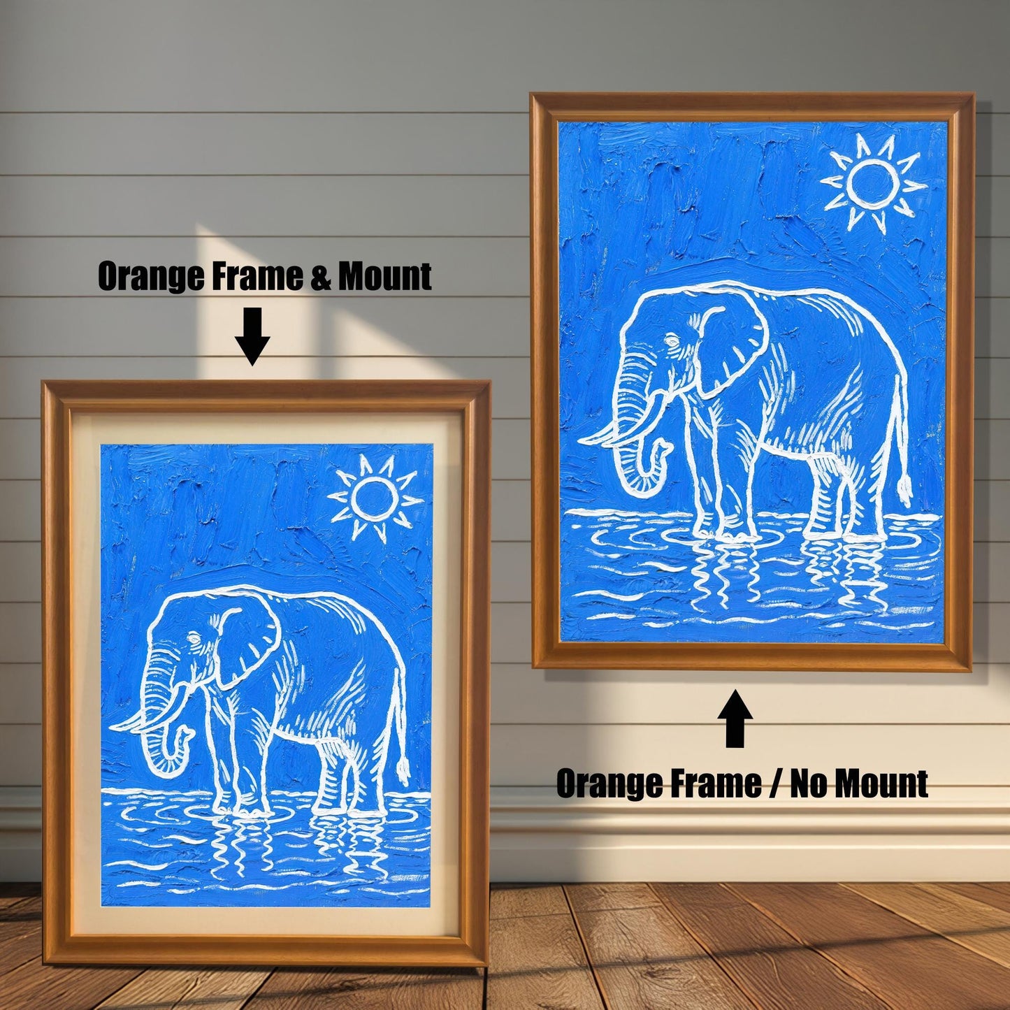Two orange-framed prints of the elephant. One has a mat ("Mount"), the other does not ("No Mount").