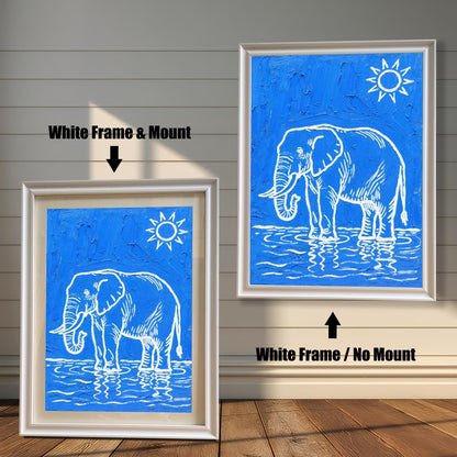 Two white-framed prints of the elephant. One has a white mat ("Mount"), the other does not ("No Mount").