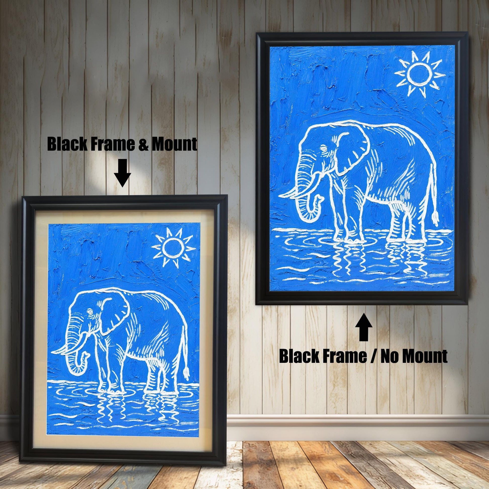 Two black-framed prints of the elephant. One has a mat ("Mount"), the other does not ("No Mount").