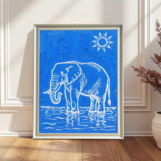 A white-framed blue and white elephant print leans against a white wainscoting wall next to a tall, dried plant in a white pot.