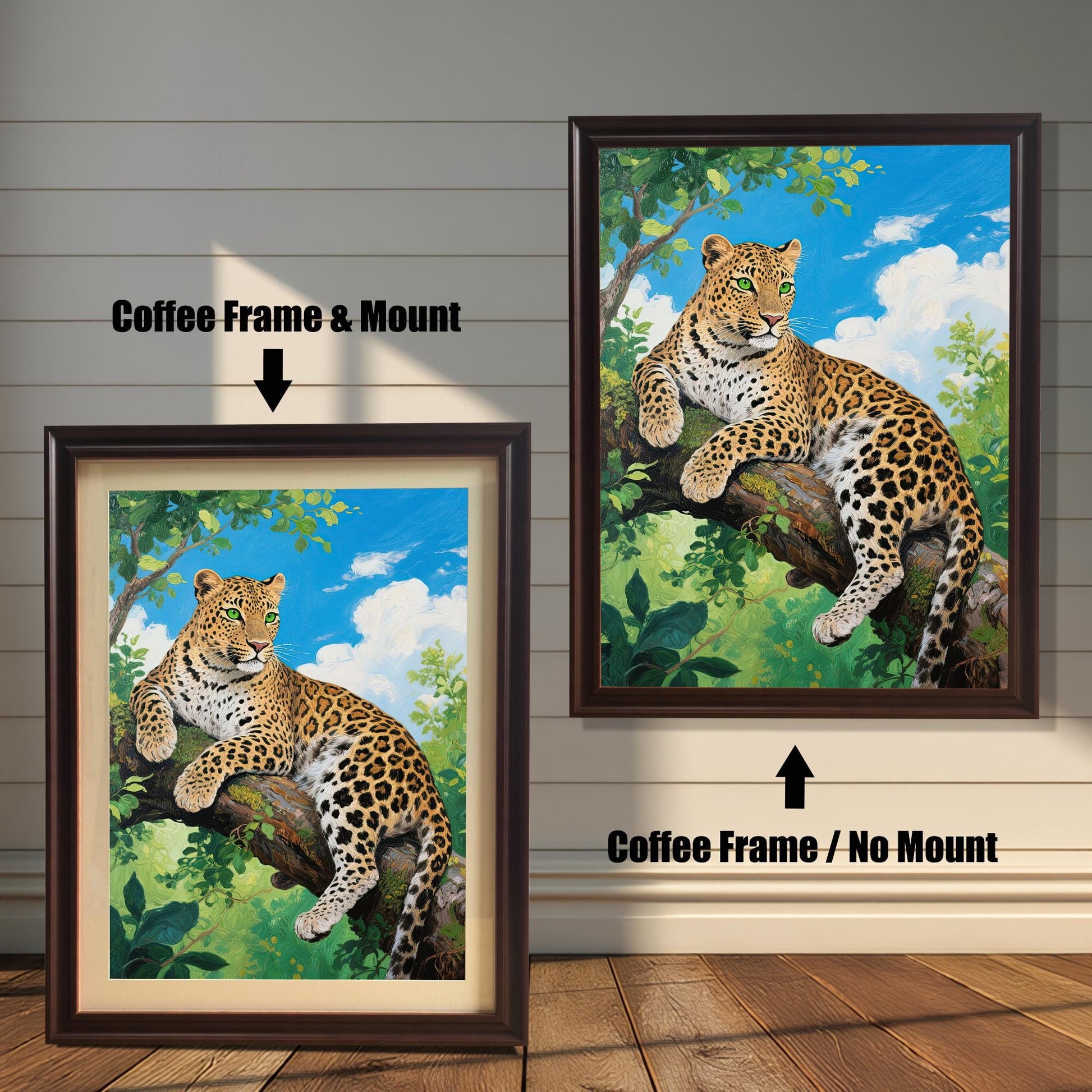 Two coffee-framed prints of a leopard on a tree branch. One has a mat ("Mount"), the other does not ("No Mount").