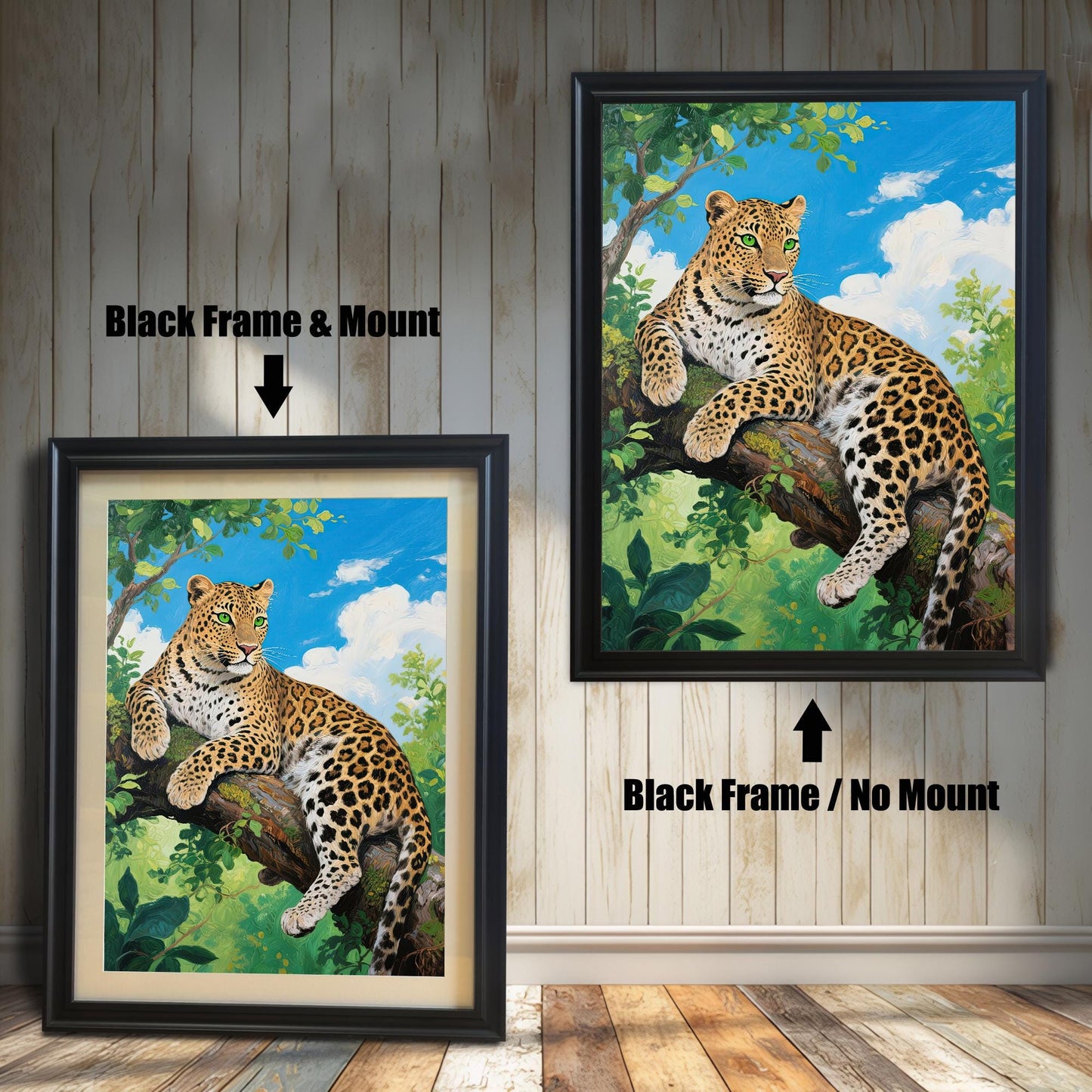 Two black-framed prints of a leopard on a tree branch. One has a mat ("Mount"), the other does not ("No Mount").