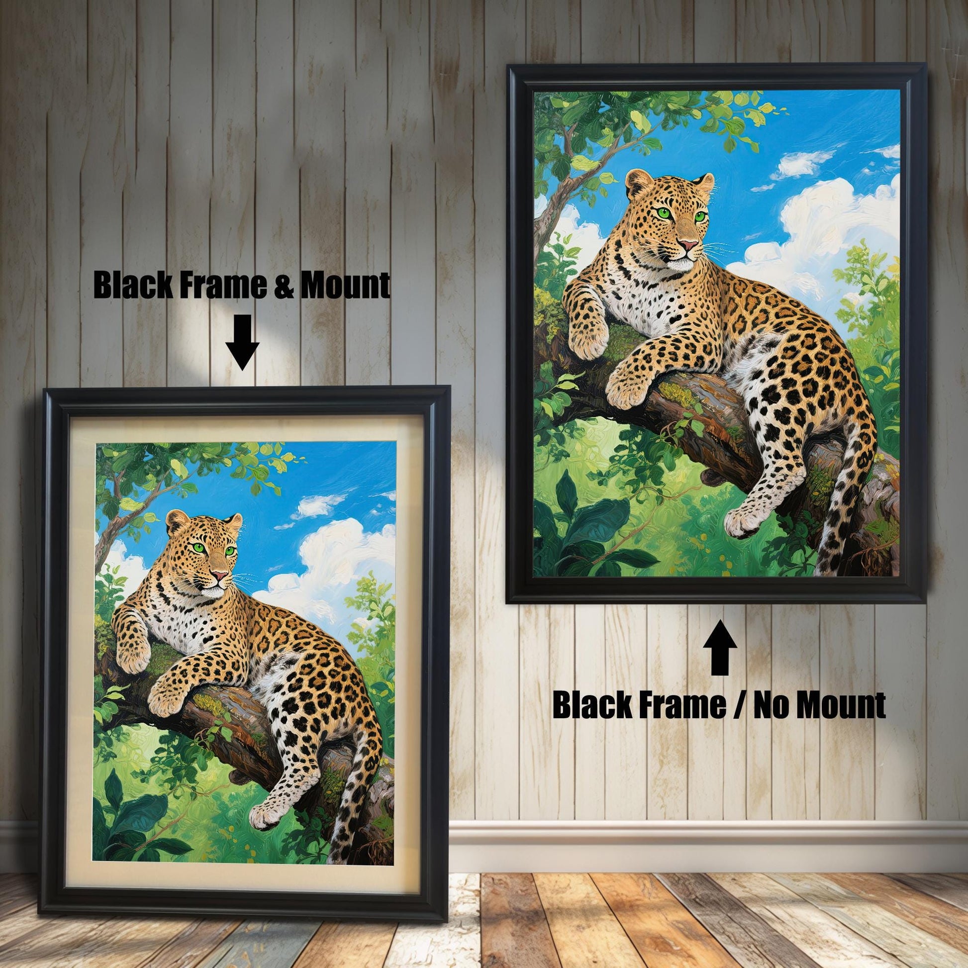 Two black-framed prints of a leopard on a tree branch. One has a mat ("Mount"), the other does not ("No Mount").