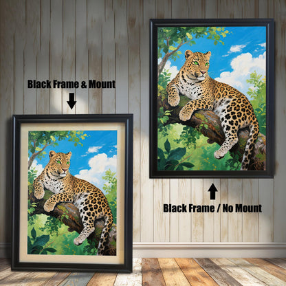 Two black-framed prints of a leopard on a tree branch. One has a mat ("Mount"), the other does not ("No Mount").