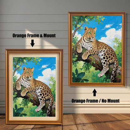 Two orange-framed prints of a leopard on a tree branch. One has a mat ("Mount"), the other does not ("No Mount").