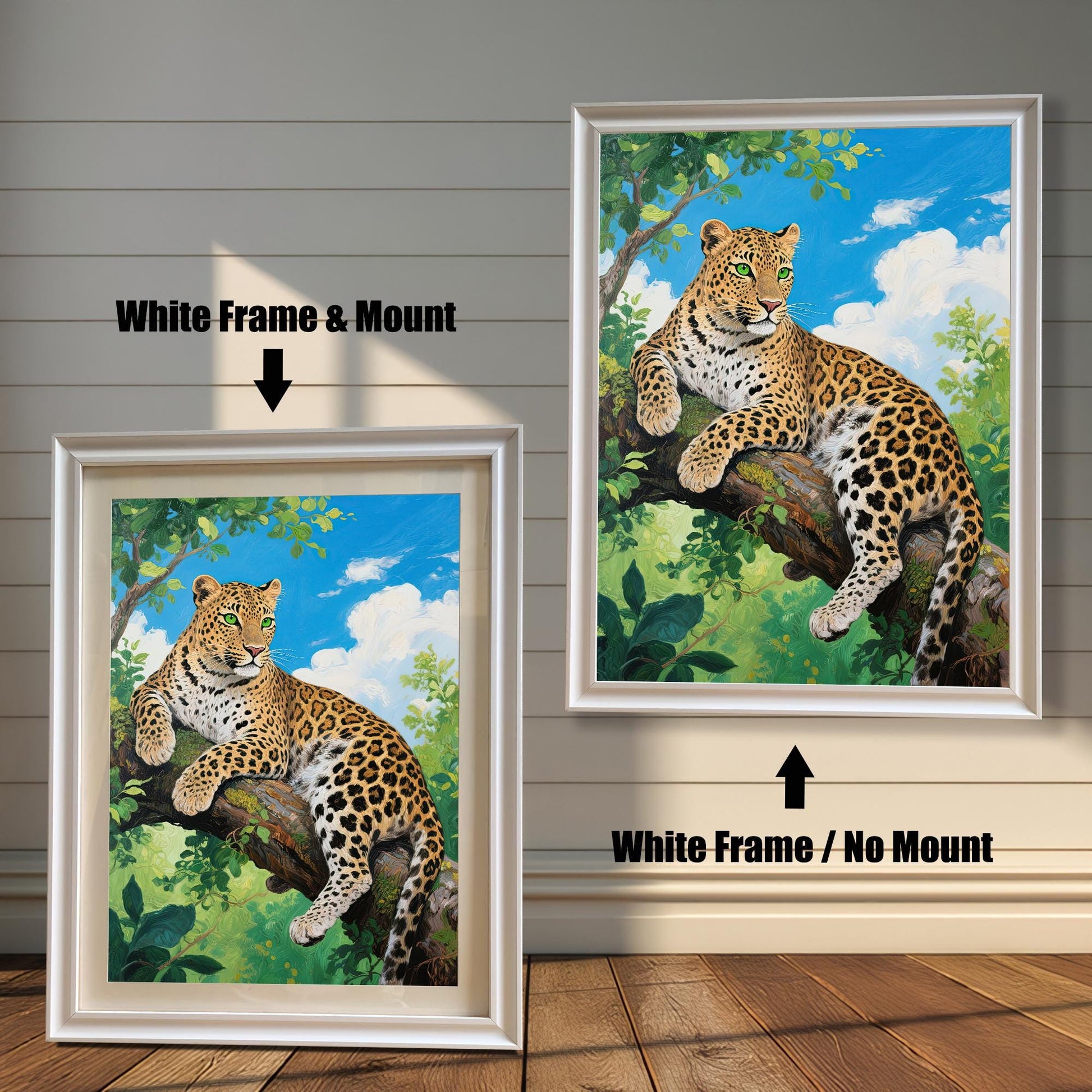 Two white-framed prints of a leopard on a tree branch. One has a white mat ("Mount"), the other does not ("No Mount").