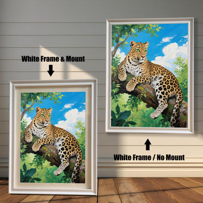 Two white-framed prints of a leopard on a tree branch. One has a white mat ("Mount"), the other does not ("No Mount").