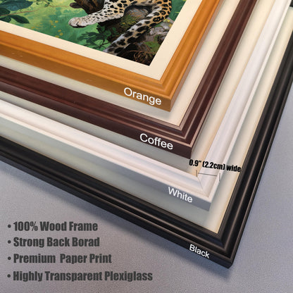 Close-up of four frame corner samples: Orange, Coffee, White, and Black. Text highlights the 0.9" (2.2cm) width and material details.