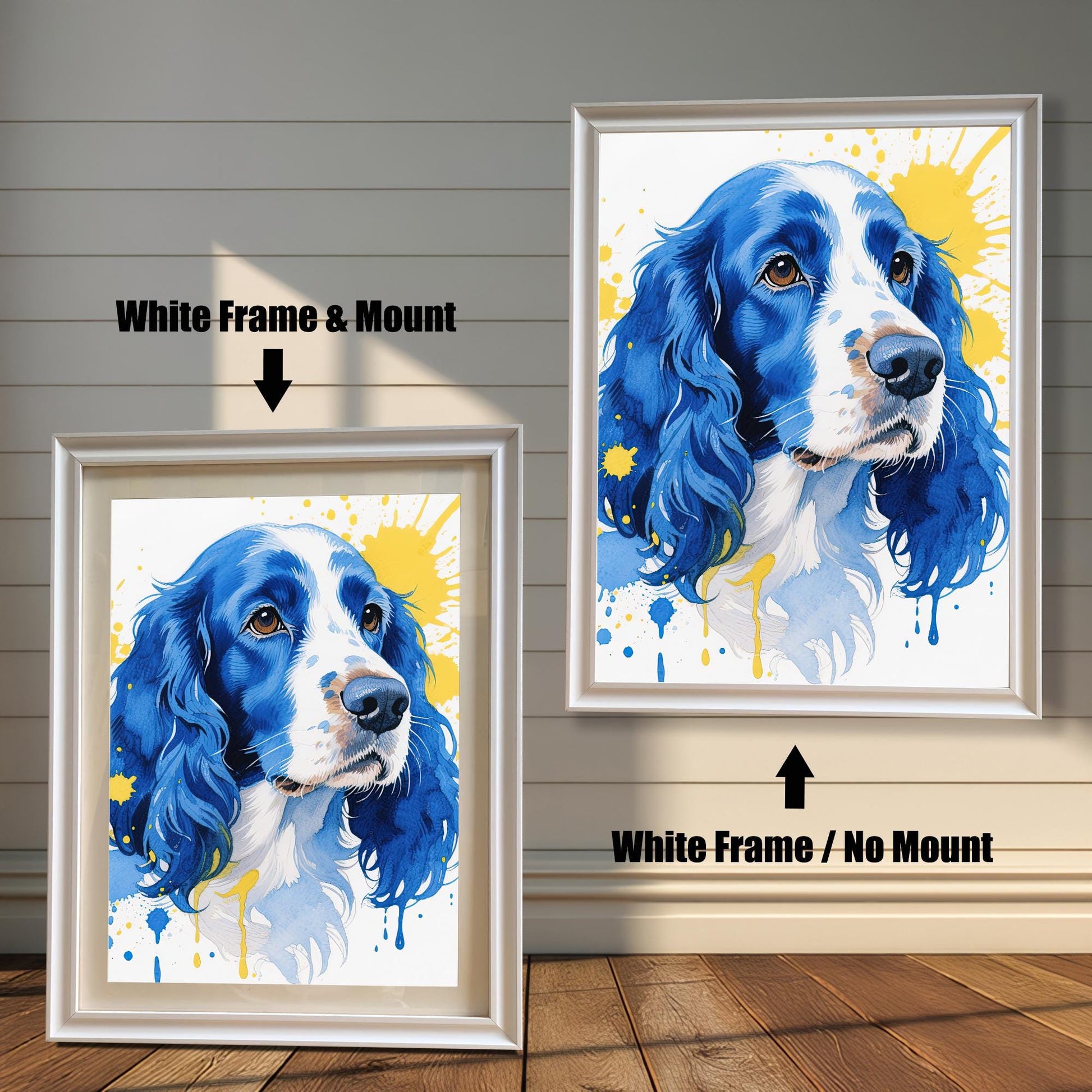 Two white-framed prints of a blue and yellow watercolor dog. One has a white mat ("Mount"), the other does not ("No Mount").