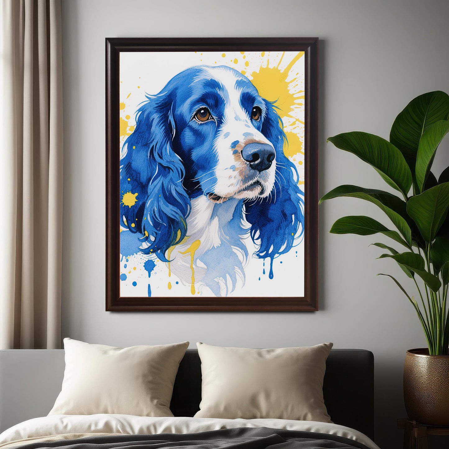A dark brown-framed watercolor print of a blue and white dog hangs over a bed with cream pillows and a large houseplant.
