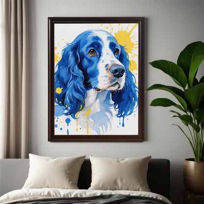 A dark brown-framed watercolor print of a blue and white dog hangs over a bed with cream pillows and a large houseplant.