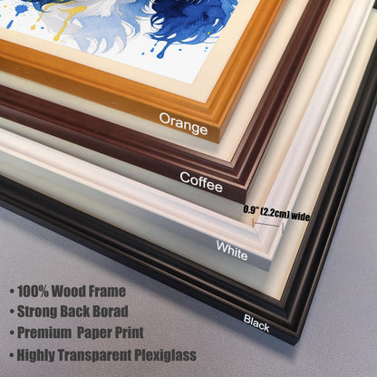 Close-up of four frame corner samples: Orange, Coffee, White, and Black. Text highlights the 0.9" (2.2cm) width and material details.