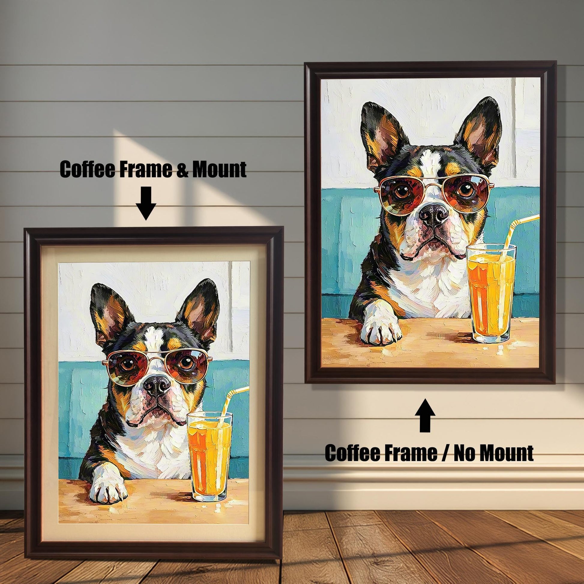 Comparison of two framed prints: a coffee frame with a mount (mat) on the left, and a coffee frame with no mount on the right. Both show the dog painting.